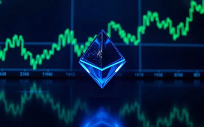 Glowing Ethereum logo on a dark digital trading dashboard with upward charts, representing whale accumulation.