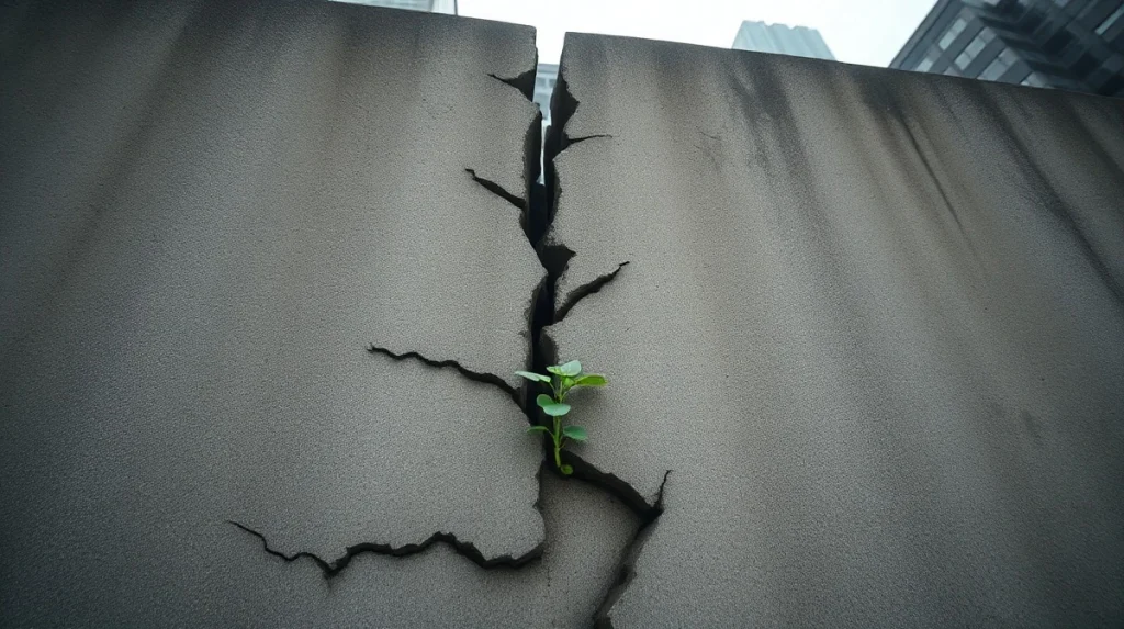 A green plant sprouting from a crack in a concrete wall, representing Ethereum holder stress and potential rebound.