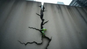 A green plant sprouting from a crack in a concrete wall, representing Ethereum holder stress and potential rebound.