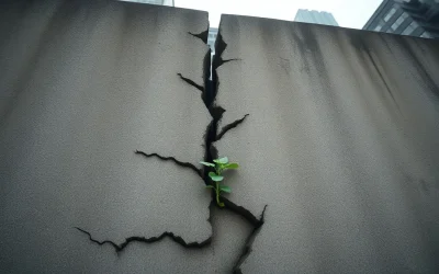 A green plant sprouting from a crack in a concrete wall, representing Ethereum holder stress and potential rebound.