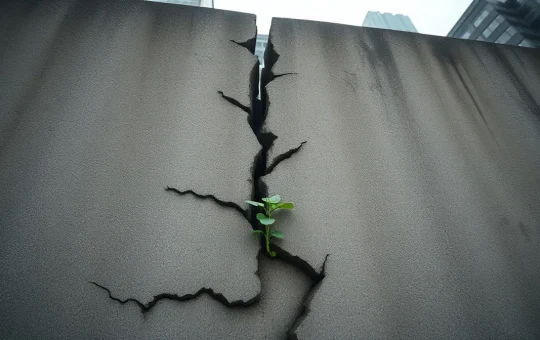 A green plant sprouting from a crack in a concrete wall, representing Ethereum holder stress and potential rebound.