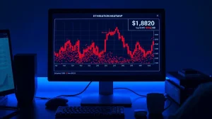 Ethereum liquidation heatmap displayed on a trading monitor showing dense short positions near $1,820
