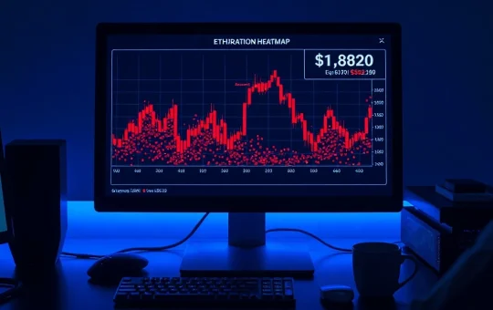 Ethereum liquidation heatmap displayed on a trading monitor showing dense short positions near $1,820
