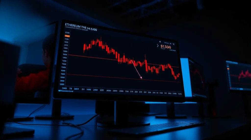 Ethereum price chart showing downward trend near $1,500 support level on trading monitors