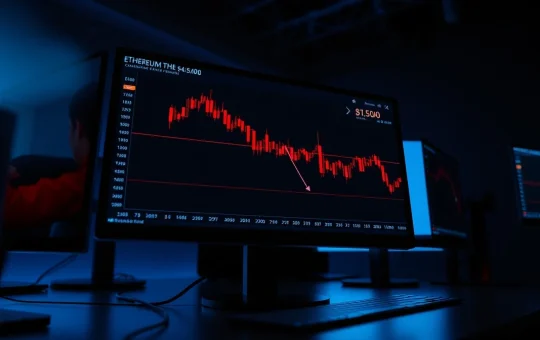 Ethereum price chart showing downward trend near $1,500 support level on trading monitors