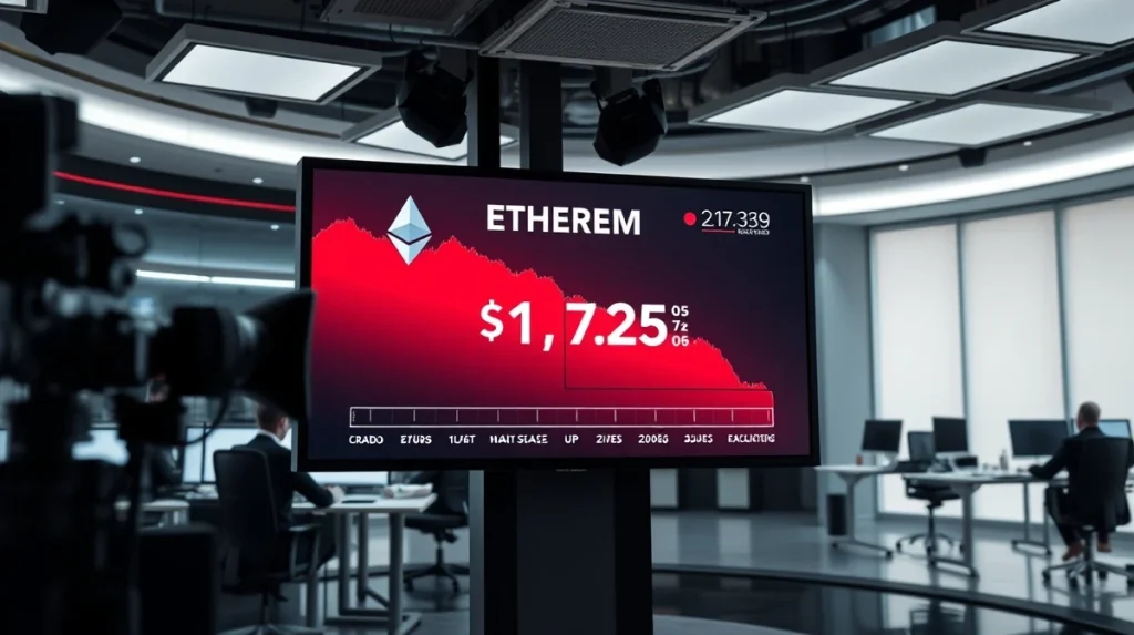 Ethereum price chart showing a decline with ETH trading near $1,725 in a newsroom setting.