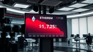 Ethereum price chart showing a decline with ETH trading near $1,725 in a newsroom setting.