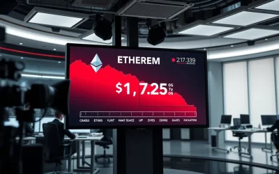 Ethereum price chart showing a decline with ETH trading near $1,725 in a newsroom setting.