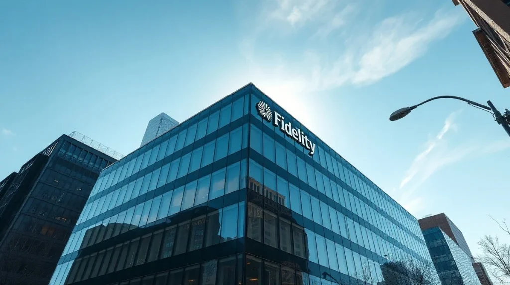 Exterior of a modern financial building, representing Fidelity's headquarters, under a clear blue sky.