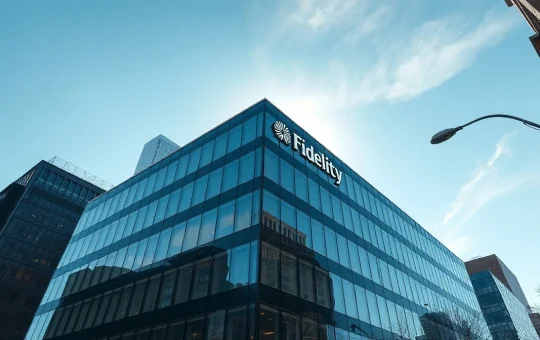 Exterior of a modern financial building, representing Fidelity's headquarters, under a clear blue sky.