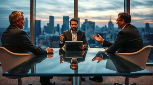 Two venture capitalists questioning a startup founder in a modern office meeting room