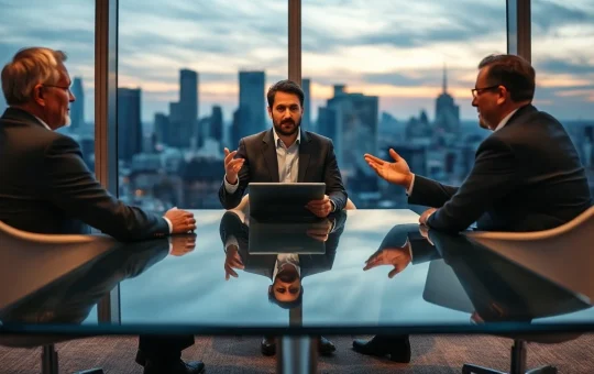 Two venture capitalists questioning a startup founder in a modern office meeting room