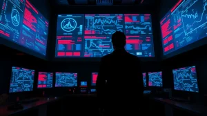 Silhouetted figure monitoring cryptocurrency transaction maps on screens in a dark command center.