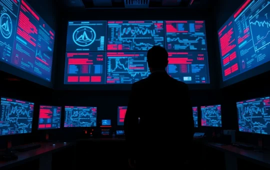 Silhouetted figure monitoring cryptocurrency transaction maps on screens in a dark command center.