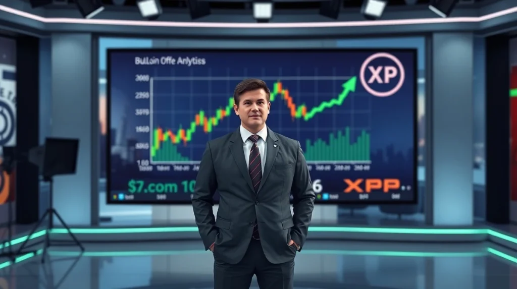 Financial analyst Gareth Soloway in a news studio with a bullish Bitcoin and XRP price chart in the background.