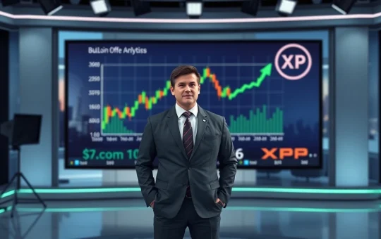 Financial analyst Gareth Soloway in a news studio with a bullish Bitcoin and XRP price chart in the background.