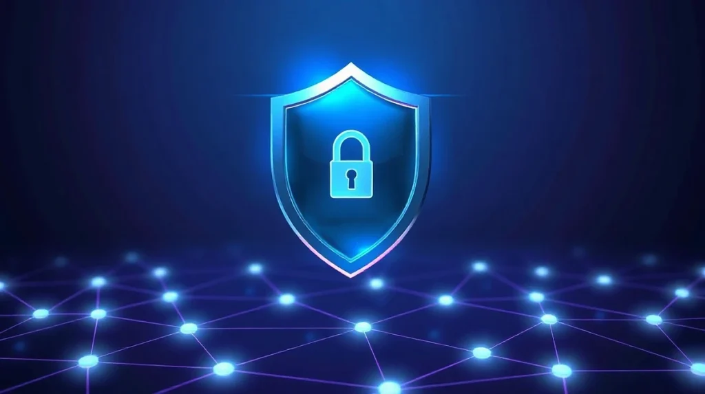 Digital security shield over a Polygon blockchain network visualization