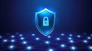 Digital security shield over a Polygon blockchain network visualization