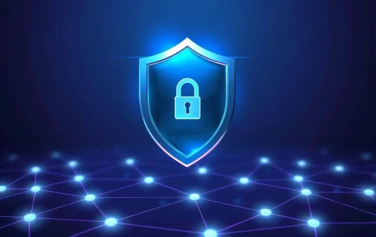 Digital security shield over a Polygon blockchain network visualization