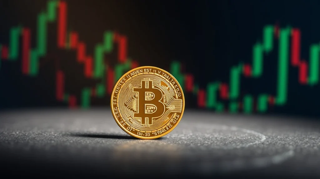 Bitcoin coin illuminated on a surface with blurred financial charts in the background