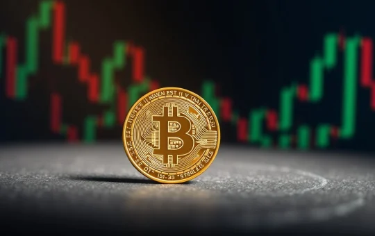 Bitcoin coin illuminated on a surface with blurred financial charts in the background