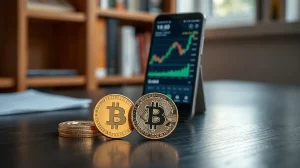 Gold bar and Bitcoin coin on desk with stock chart on smartphone