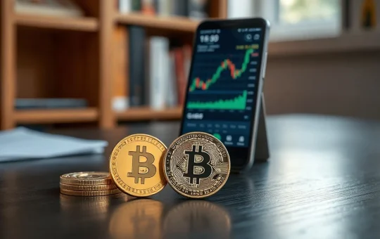 Gold bar and Bitcoin coin on desk with stock chart on smartphone