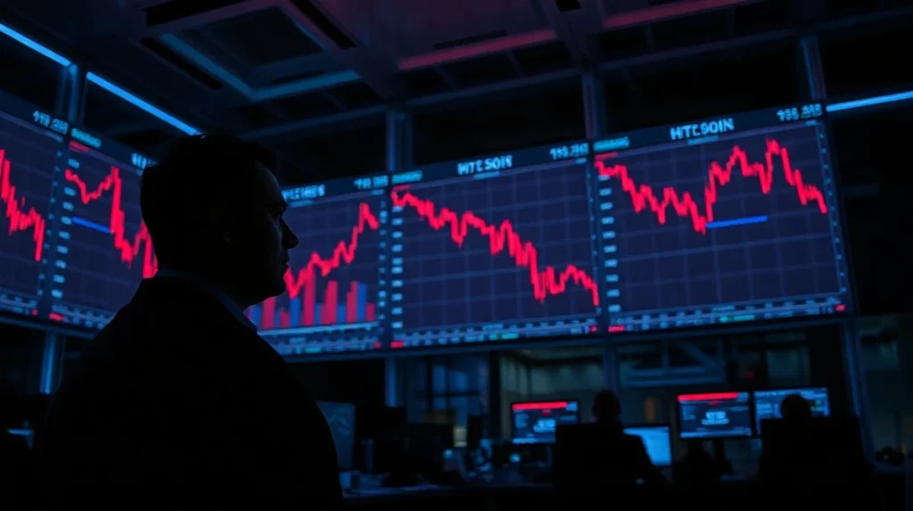 Trading floor screens showing red charts for gold, silver, and Bitcoin during a simultaneous market crash.