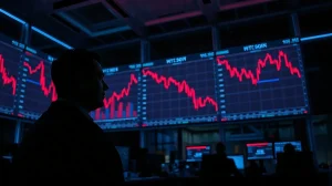 Trading floor screens showing red charts for gold, silver, and Bitcoin during a simultaneous market crash.