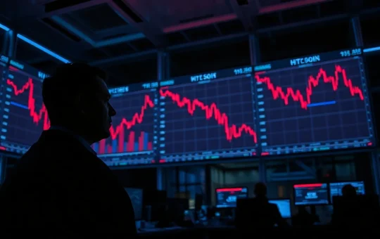 Trading floor screens showing red charts for gold, silver, and Bitcoin during a simultaneous market crash.