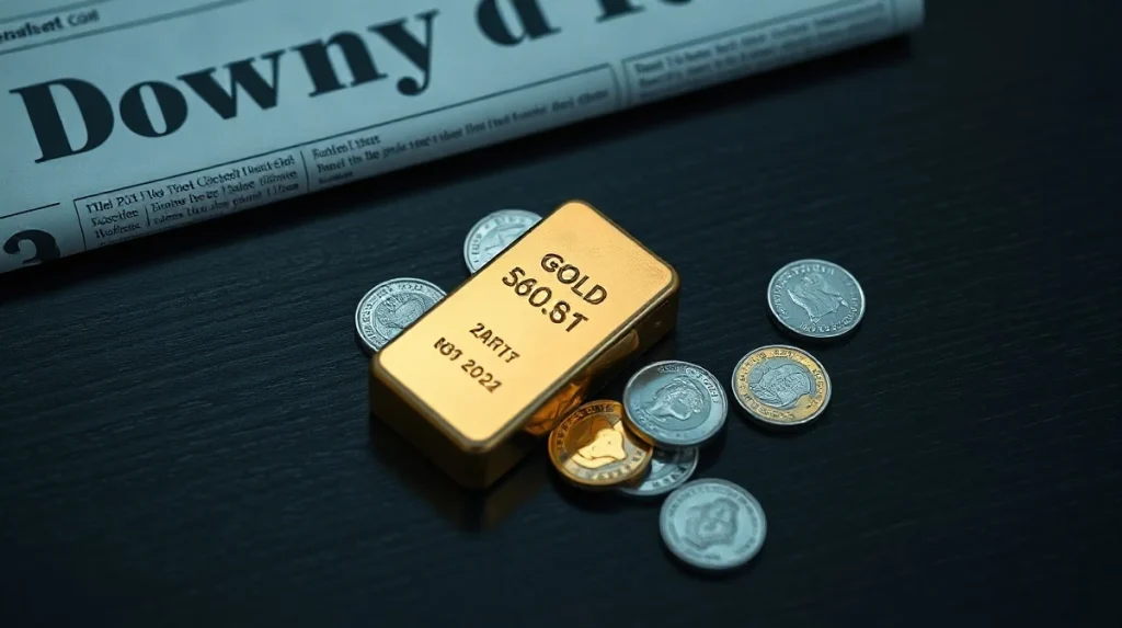 Close-up of a gold bar and silver coins on a table with a financial newspaper in the background.