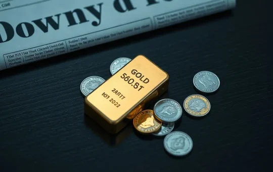 Close-up of a gold bar and silver coins on a table with a financial newspaper in the background.