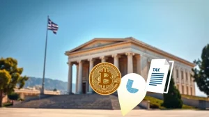 Greek Parliament building with digital cryptocurrency symbols overlaid, representing new crypto tax legislation.