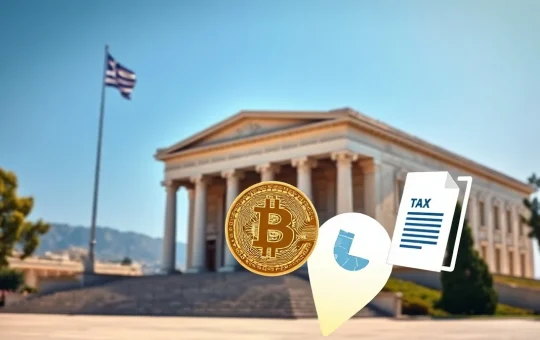 Greek Parliament building with digital cryptocurrency symbols overlaid, representing new crypto tax legislation.