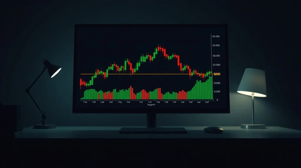 Cryptocurrency price chart on a monitor approaching a critical support level in a dark trading environment.