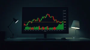 Cryptocurrency price chart on a monitor approaching a critical support level in a dark trading environment.