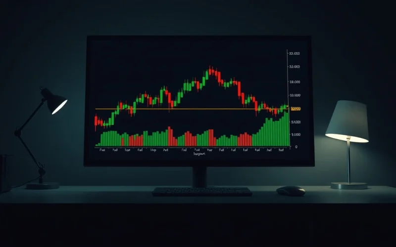 Cryptocurrency price chart on a monitor approaching a critical support level in a dark trading environment.