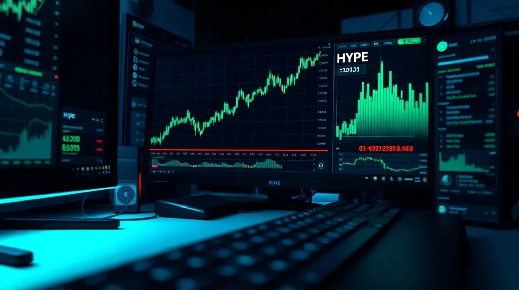 Digital trading dashboard showing HYPE token price chart with a sharp upward spike.