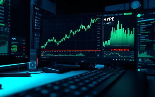 Digital trading dashboard showing HYPE token price chart with a sharp upward spike.