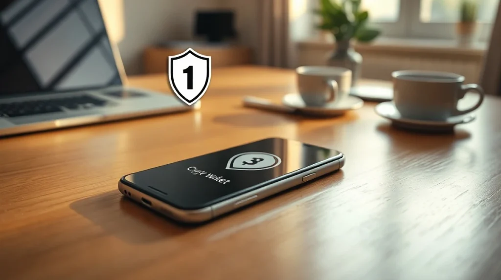 Smartphone displaying a secure cryptocurrency wallet interface with shield icon on a desk.