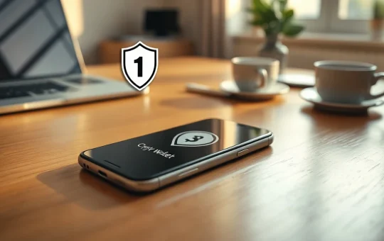 Smartphone displaying a secure cryptocurrency wallet interface with shield icon on a desk.