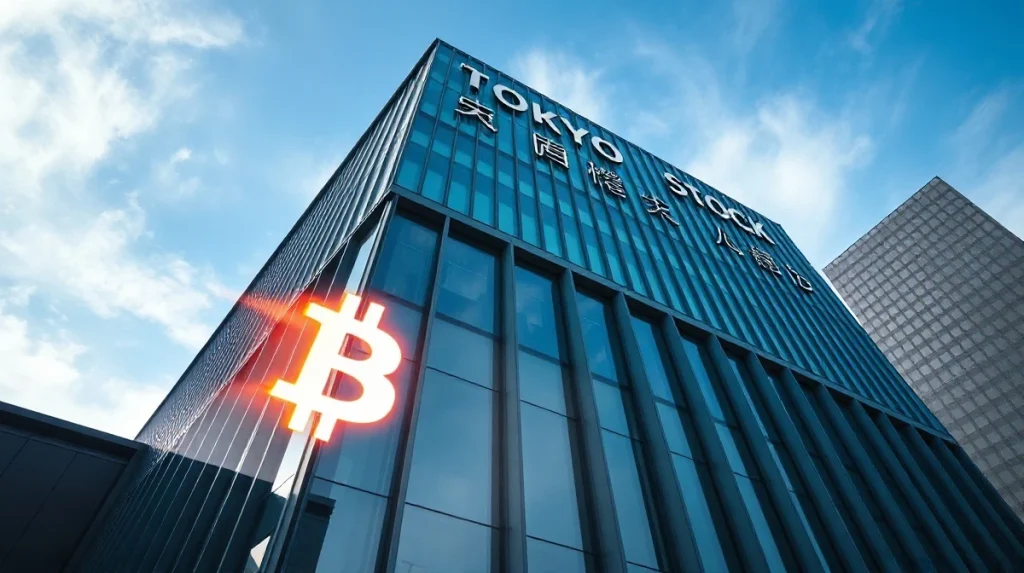 Tokyo Stock Exchange building with Bitcoin symbol reflection on glass facade