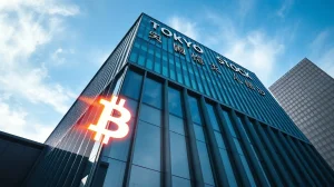 Tokyo Stock Exchange building with Bitcoin symbol reflection on glass facade