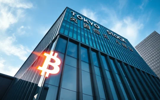 Tokyo Stock Exchange building with Bitcoin symbol reflection on glass facade