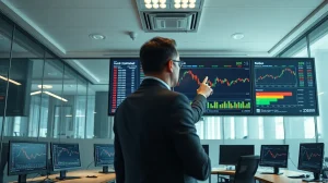 Compliance officer monitoring prediction market trades on multiple screens in a modern financial control room