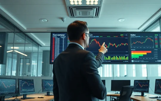Compliance officer monitoring prediction market trades on multiple screens in a modern financial control room