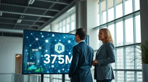 Institutional investors review a blockchain network display showing a $375 million onchain credit facility from Kraken and Maple Finance.