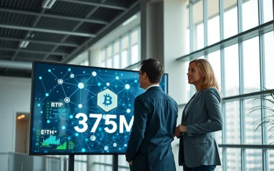 Institutional investors review a blockchain network display showing a $375 million onchain credit facility from Kraken and Maple Finance.