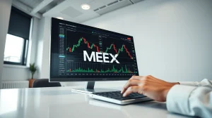 Modern trading desk with digital display showing stock charts and MEXC interface