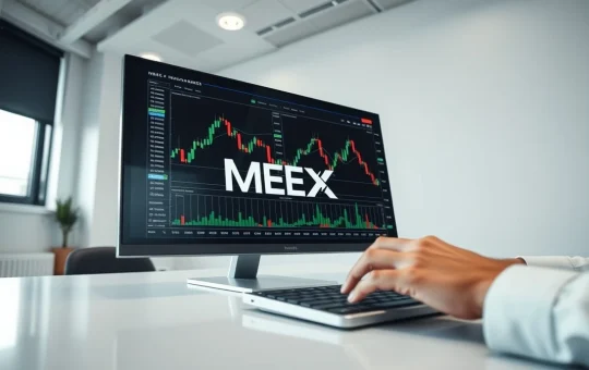 Modern trading desk with digital display showing stock charts and MEXC interface